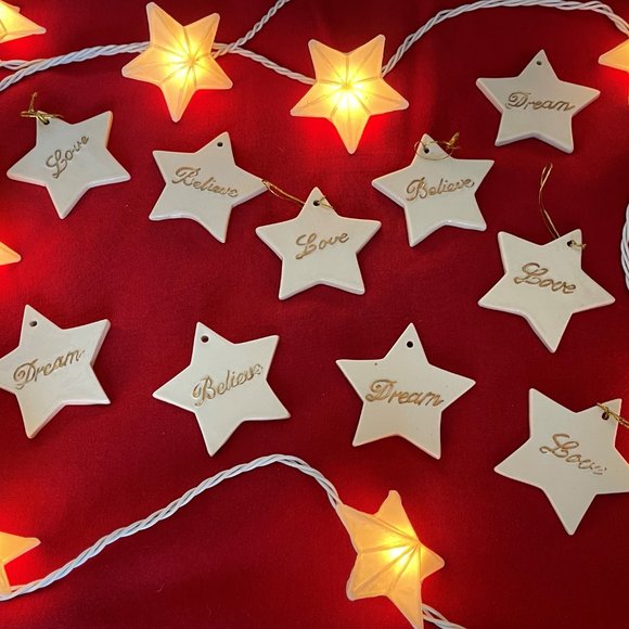 Ceramic Star Christmas Ornaments Lot - Dream, Believe, Love - White with Gold - Picture 2 of 7